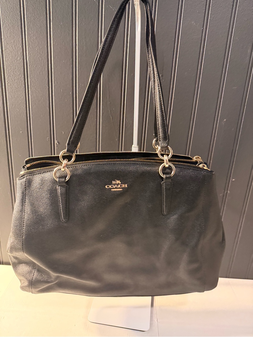 Coach Black Leather Double-Compartment Shoulder Tote with‎  Hardware